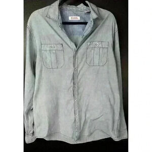 Michael Brandon Mens Button Front Shirt Gray Blue Pin Dot Short Sleeve Pocket L